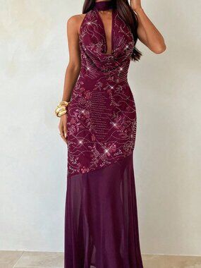 Maroon Party Women's Draped Neck Tie Strap Sequin Extra Long Dress